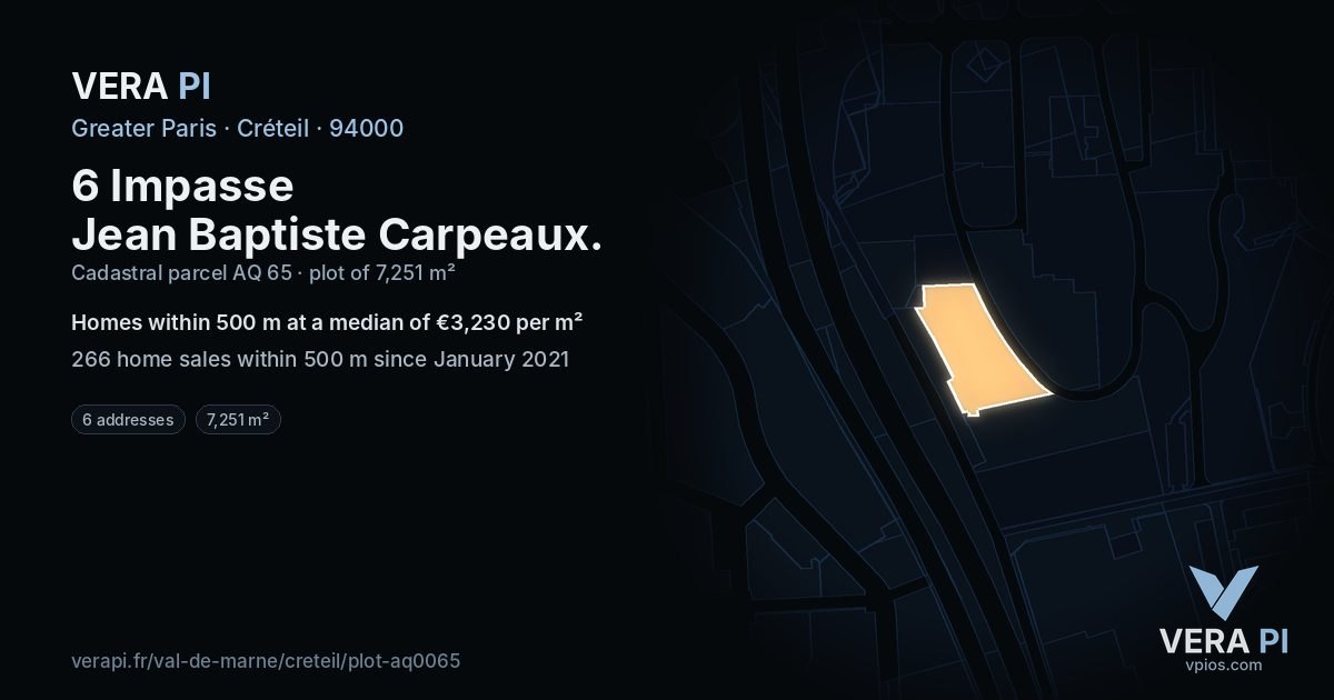6 Impasse Jean Baptiste Carpeaux, Créteil at night – the plot lit, the parcels around coloured by the prices near them