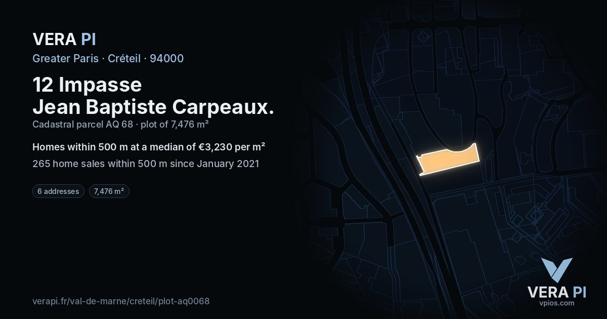12 Impasse Jean Baptiste Carpeaux, Créteil at night – the plot lit, the parcels around coloured by the prices near them