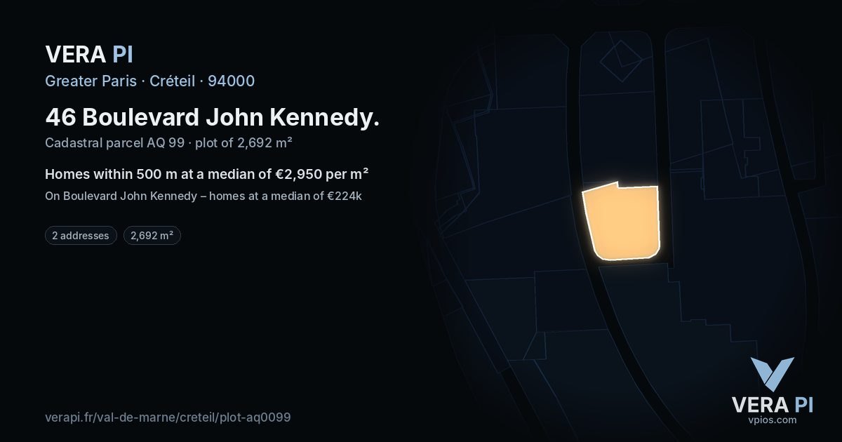46 Boulevard John Kennedy, Créteil at night – the plot lit, the parcels around coloured by the prices near them