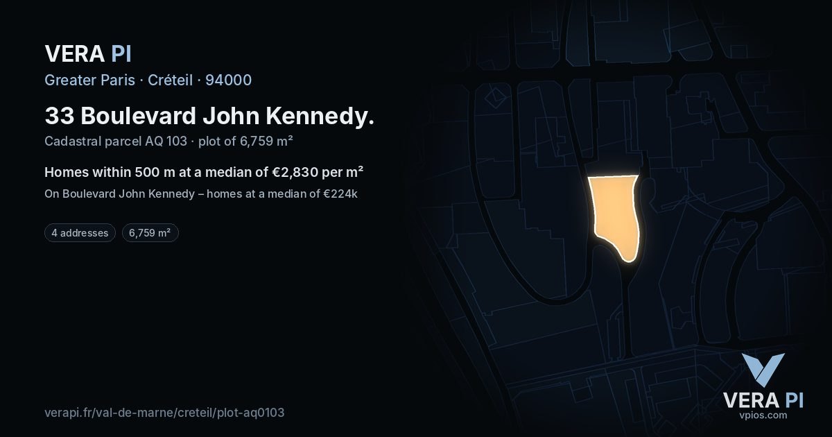 33 Boulevard John Kennedy, Créteil at night – the plot lit, the parcels around coloured by the prices near them