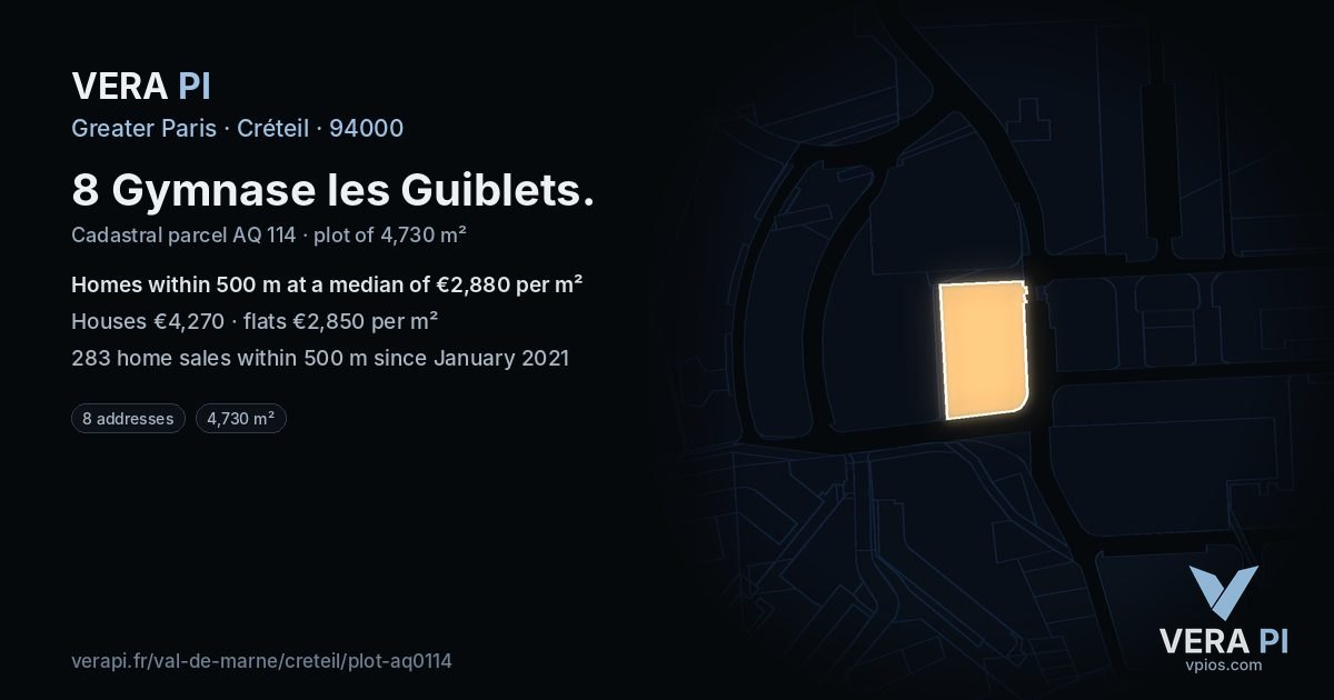 8 Gymnase les Guiblets, Créteil at night – the plot lit, the parcels around coloured by the prices near them