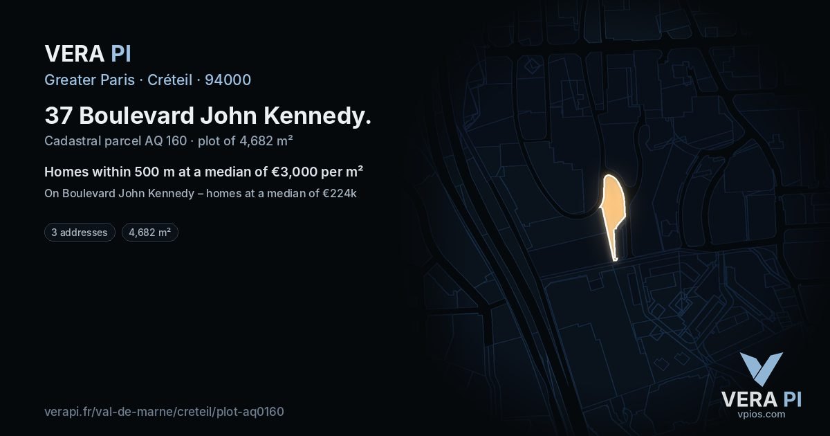 37 Boulevard John Kennedy, Créteil at night – the plot lit, the parcels around coloured by the prices near them