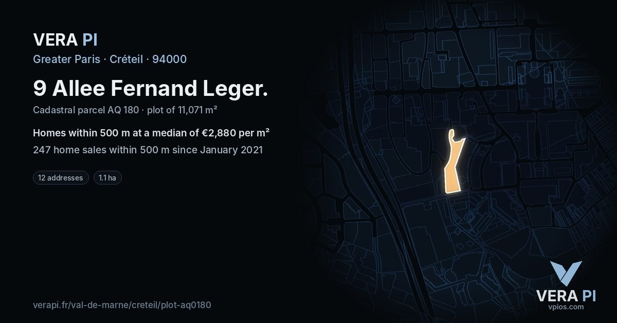 9 Allee Fernand Leger, Créteil at night – the plot lit, the parcels around coloured by the prices near them