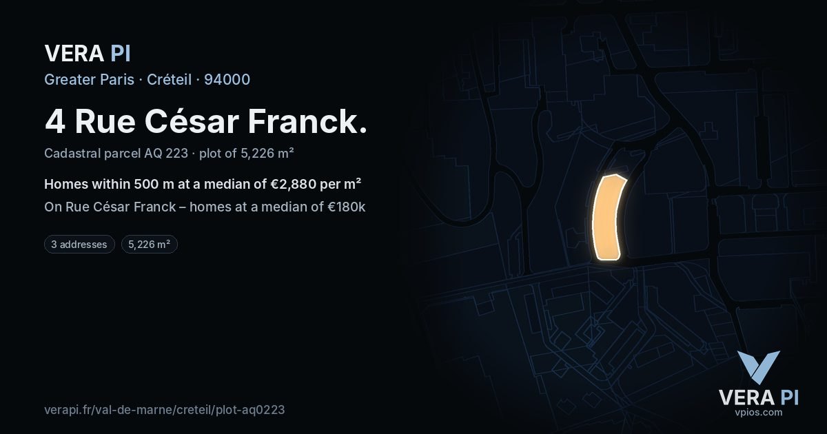 4 Rue César Franck, Créteil at night – the plot lit, the parcels around coloured by the prices near them