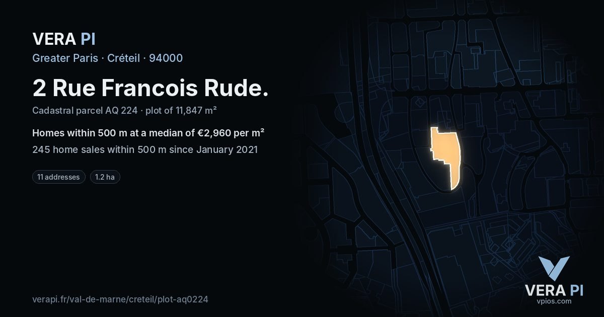 2 Rue Francois Rude, Créteil at night – the plot lit, the parcels around coloured by the prices near them
