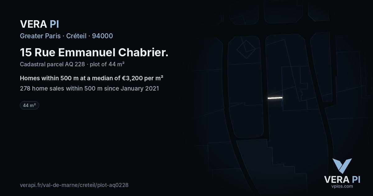 15 Rue Emmanuel Chabrier, Créteil at night – the plot lit, the parcels around coloured by the prices near them