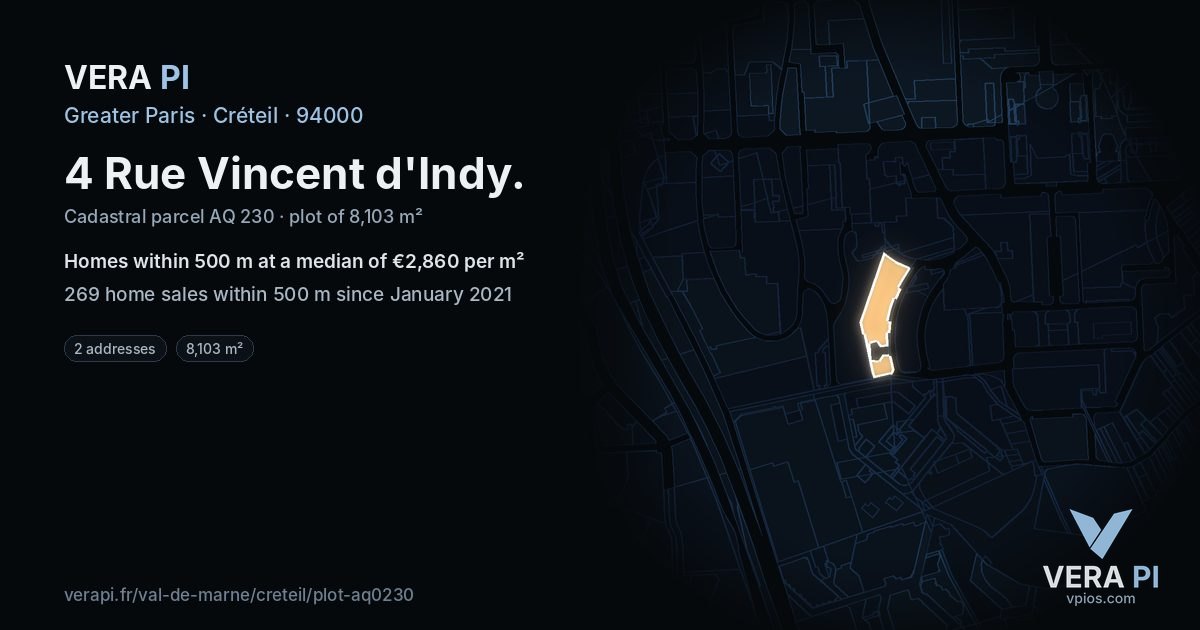4 Rue Vincent d'Indy, Créteil at night – the plot lit, the parcels around coloured by the prices near them