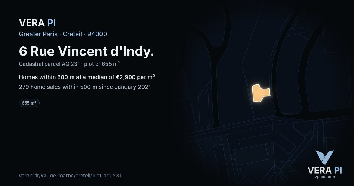 6 Rue Vincent d'Indy, Créteil at night – the plot lit, the parcels around coloured by the prices near them