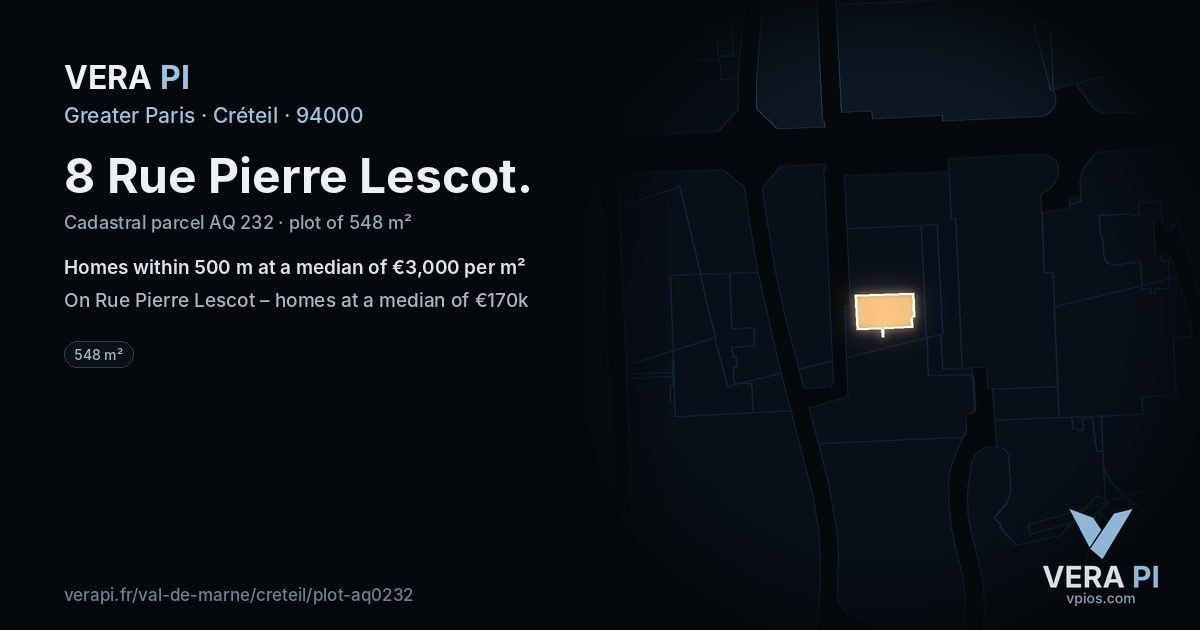 8 Rue Pierre Lescot, Créteil at night – the plot lit, the parcels around coloured by the prices near them