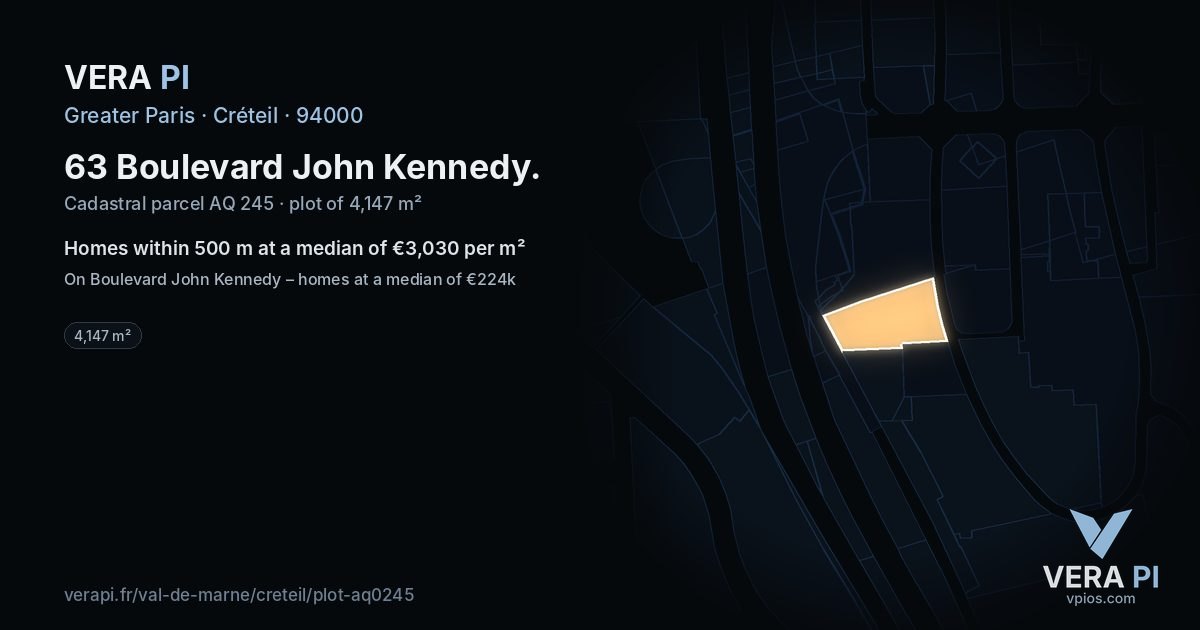 63 Boulevard John Kennedy, Créteil at night – the plot lit, the parcels around coloured by the prices near them