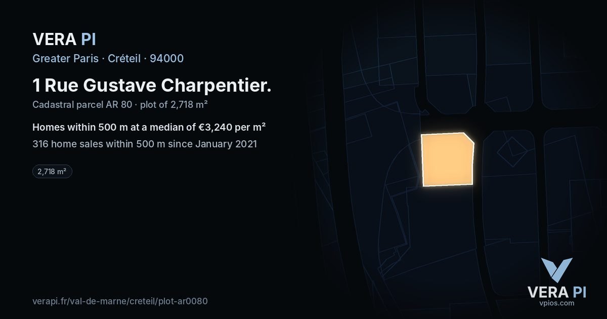 1 Rue Gustave Charpentier, Créteil at night – the plot lit, the parcels around coloured by the prices near them