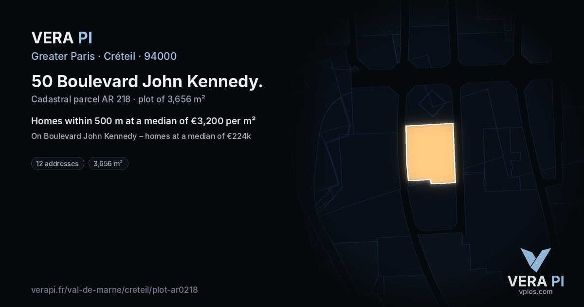 50 Boulevard John Kennedy, Créteil at night – the plot lit, the parcels around coloured by the prices near them