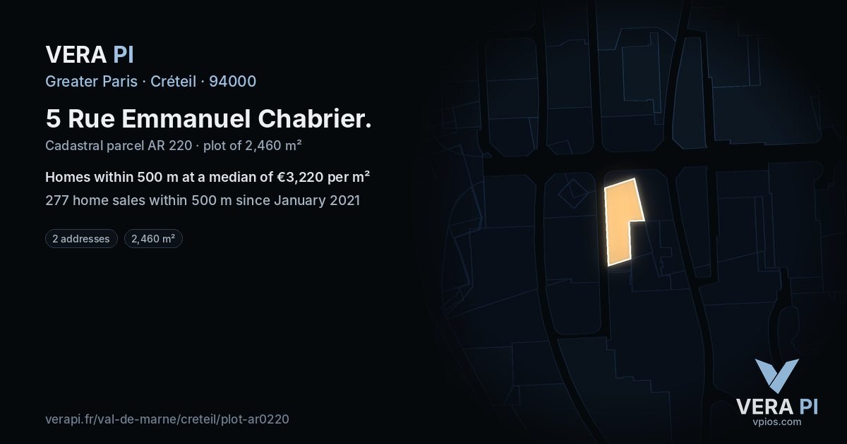 5 Rue Emmanuel Chabrier, Créteil at night – the plot lit, the parcels around coloured by the prices near them