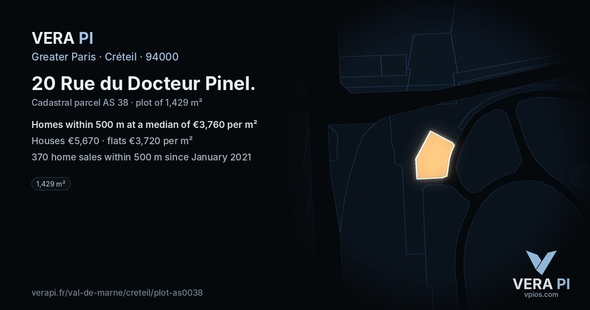 20 Rue du Docteur Pinel, Créteil at night – the plot lit, the parcels around coloured by the prices near them