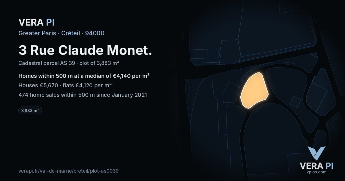 3 Rue Claude Monet, Créteil at night – the plot lit, the parcels around coloured by the prices near them