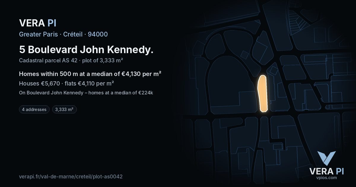 5 Boulevard John Kennedy, Créteil at night – the plot lit, the parcels around coloured by the prices near them