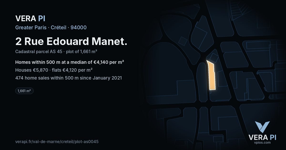 2 Rue Edouard Manet, Créteil at night – the plot lit, the parcels around coloured by the prices near them