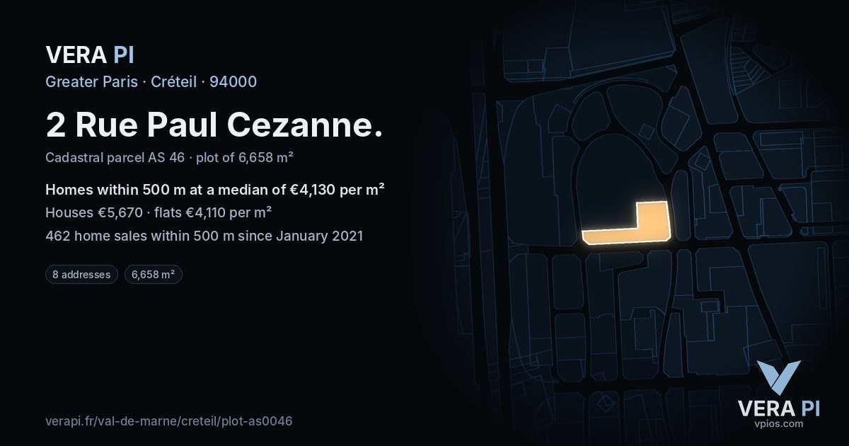 2 Rue Paul Cezanne, Créteil at night – the plot lit, the parcels around coloured by the prices near them