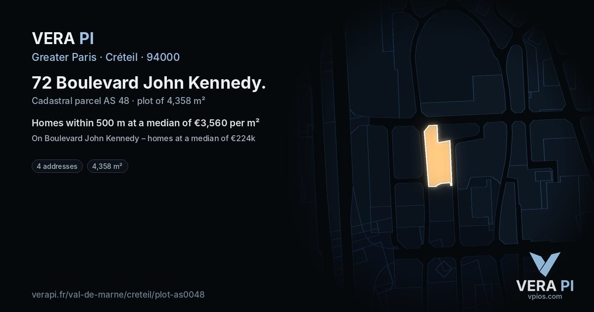 72 Boulevard John Kennedy, Créteil at night – the plot lit, the parcels around coloured by the prices near them