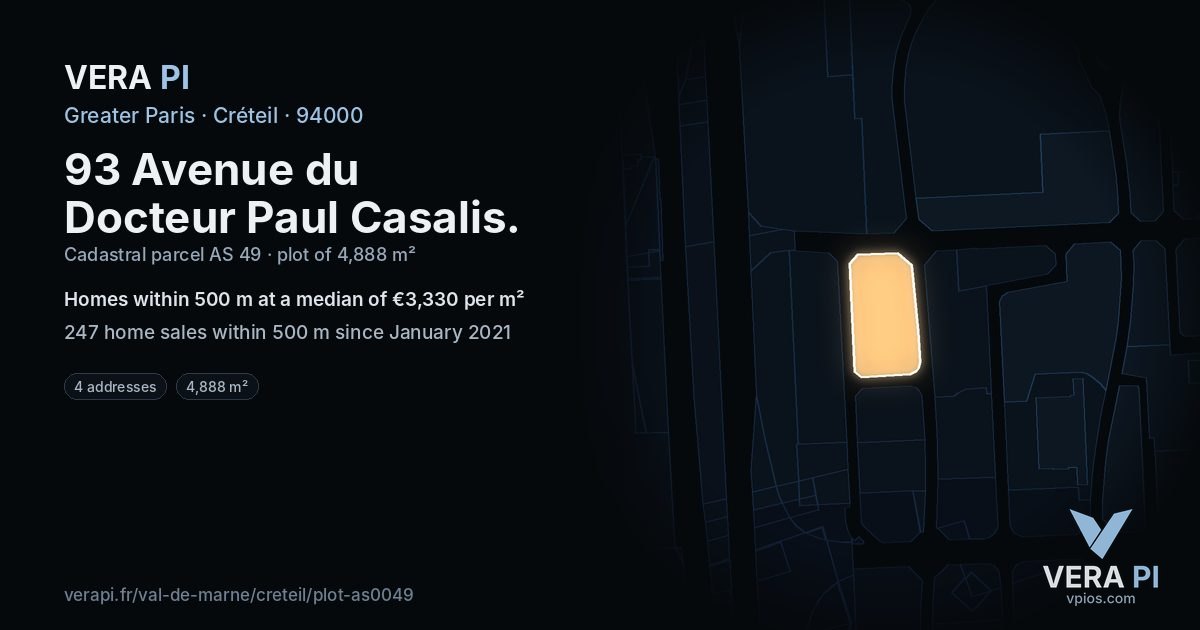 93 Avenue du Docteur Paul Casalis, Créteil at night – the plot lit, the parcels around coloured by the prices near them
