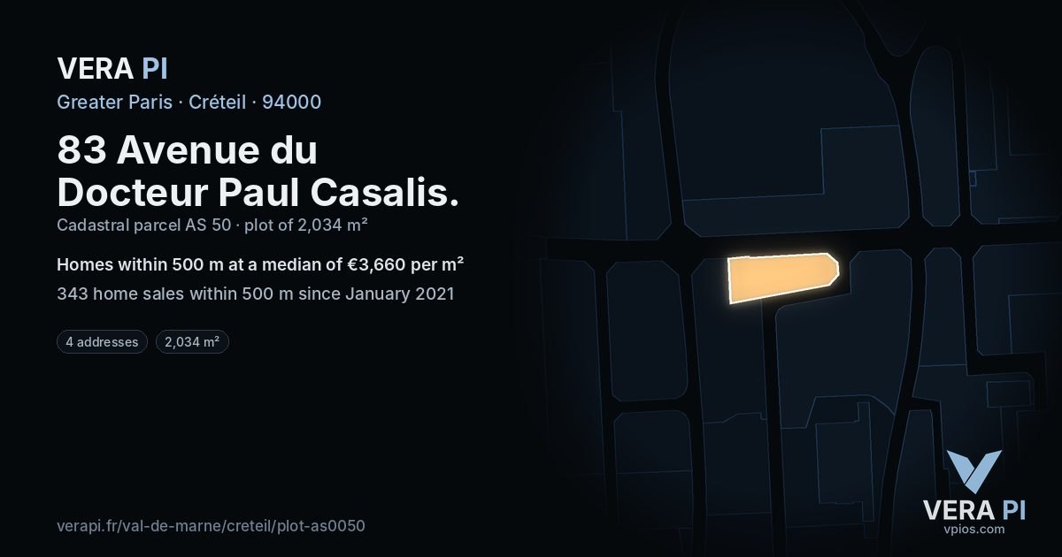 83 Avenue du Docteur Paul Casalis, Créteil at night – the plot lit, the parcels around coloured by the prices near them