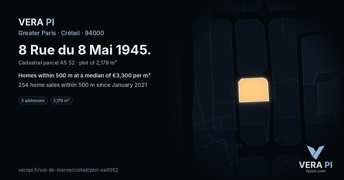 8 Rue du 8 Mai 1945, Créteil at night – the plot lit, the parcels around coloured by the prices near them