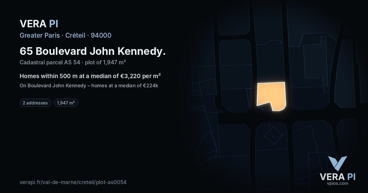 65 Boulevard John Kennedy, Créteil at night – the plot lit, the parcels around coloured by the prices near them