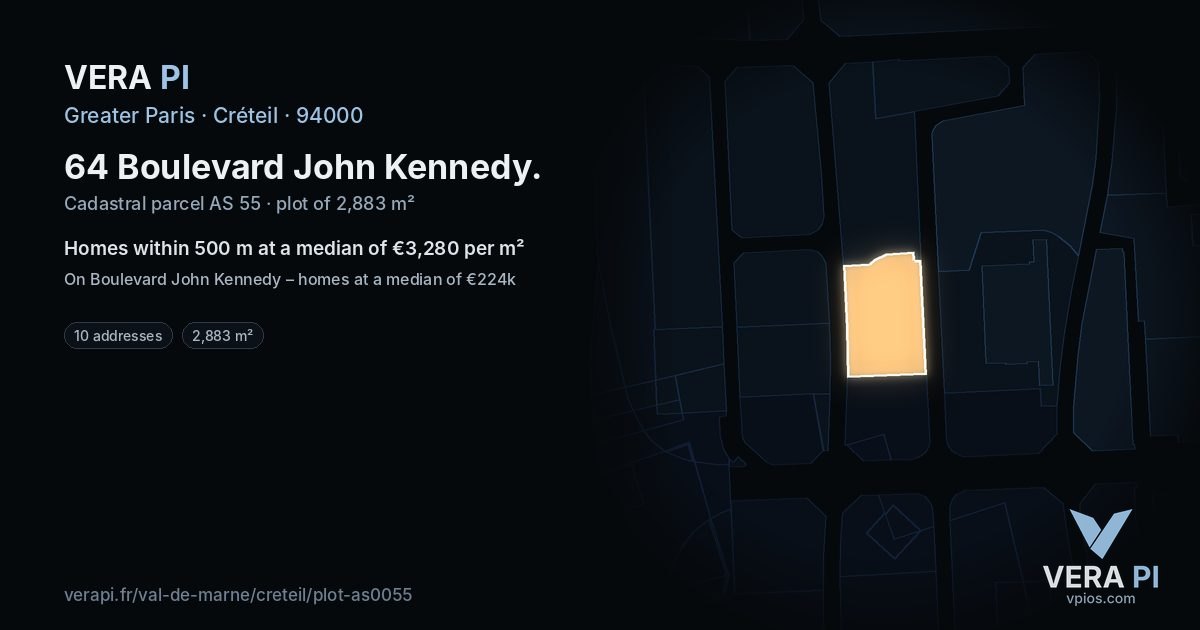 64 Boulevard John Kennedy, Créteil at night – the plot lit, the parcels around coloured by the prices near them
