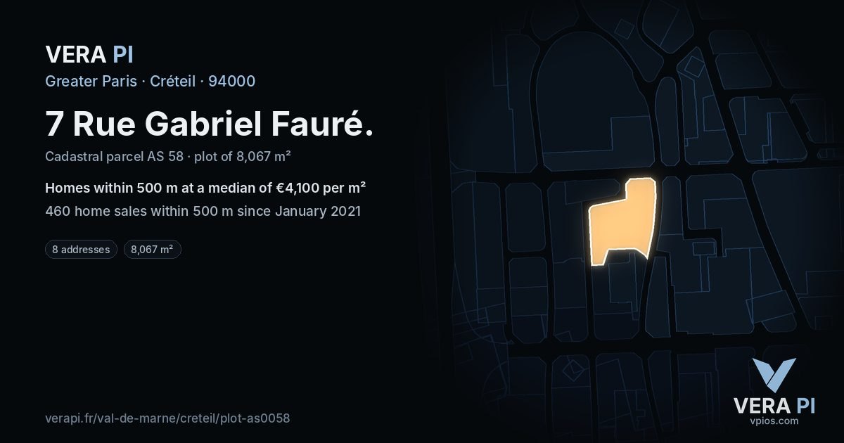 7 Rue Gabriel Fauré, Créteil at night – the plot lit, the parcels around coloured by the prices near them
