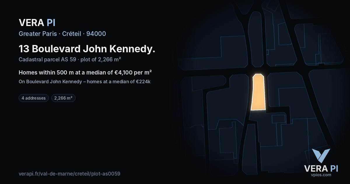 13 Boulevard John Kennedy, Créteil at night – the plot lit, the parcels around coloured by the prices near them