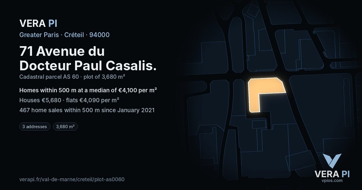 71 Avenue du Docteur Paul Casalis, Créteil at night – the plot lit, the parcels around coloured by the prices near them