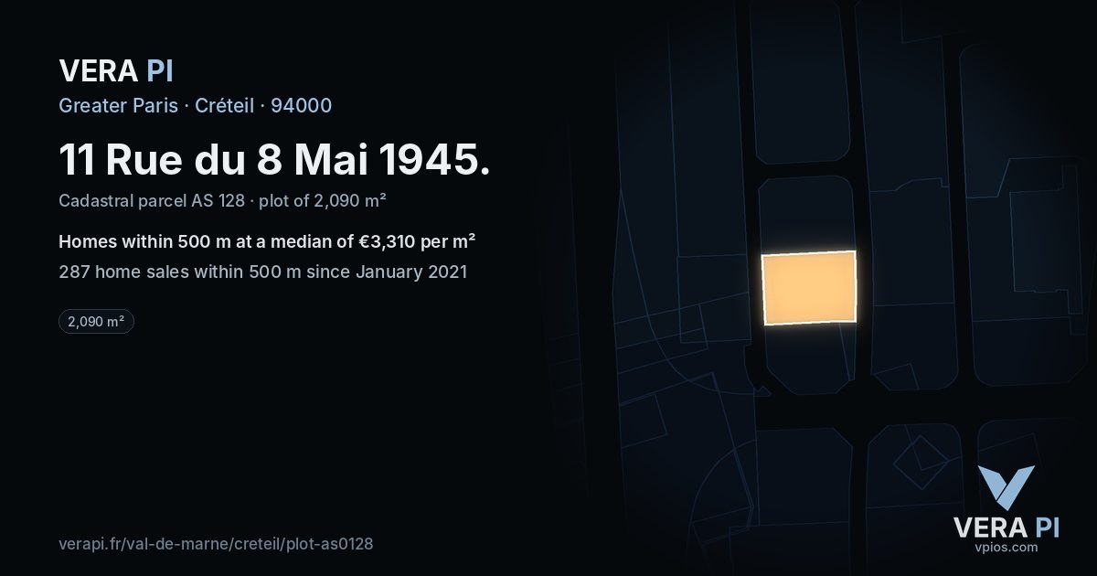 11 Rue du 8 Mai 1945, Créteil at night – the plot lit, the parcels around coloured by the prices near them