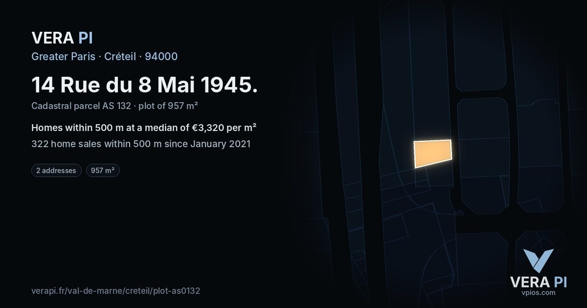 14 Rue du 8 Mai 1945, Créteil at night – the plot lit, the parcels around coloured by the prices near them