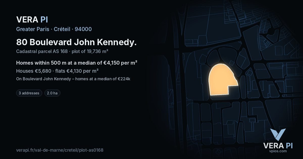 80 Boulevard John Kennedy, Créteil at night – the plot lit, the parcels around coloured by the prices near them