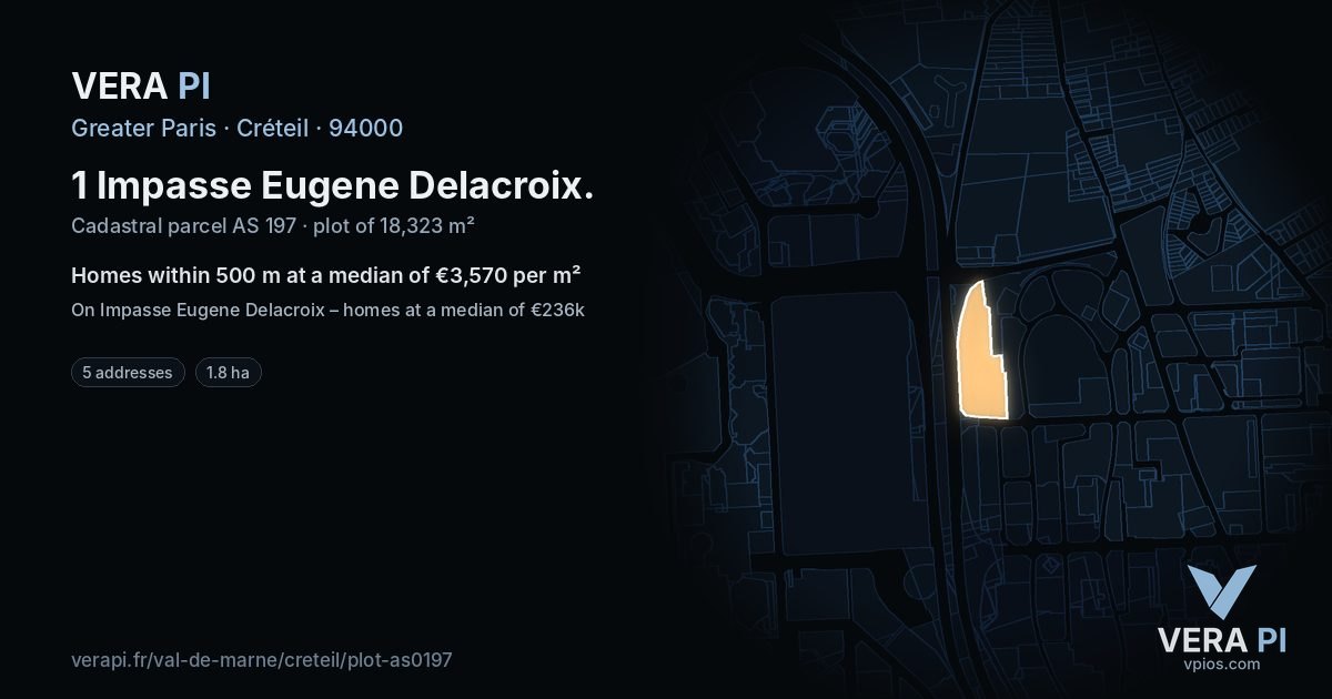 1 Impasse Eugene Delacroix, Créteil at night – the plot lit, the parcels around coloured by the prices near them
