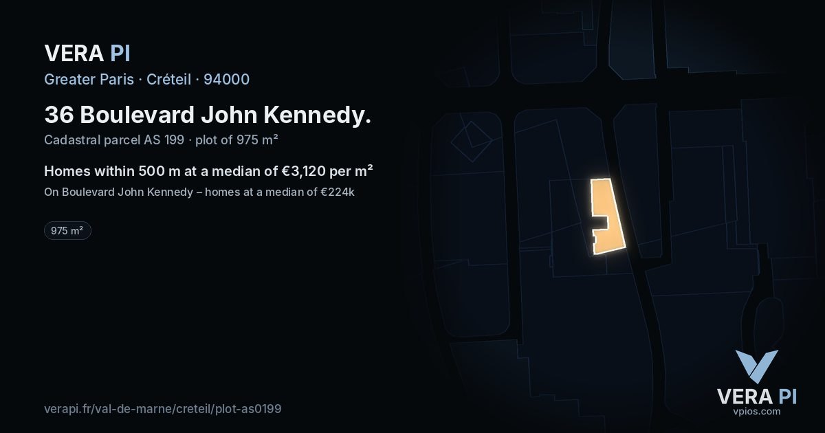 36 Boulevard John Kennedy, Créteil at night – the plot lit, the parcels around coloured by the prices near them