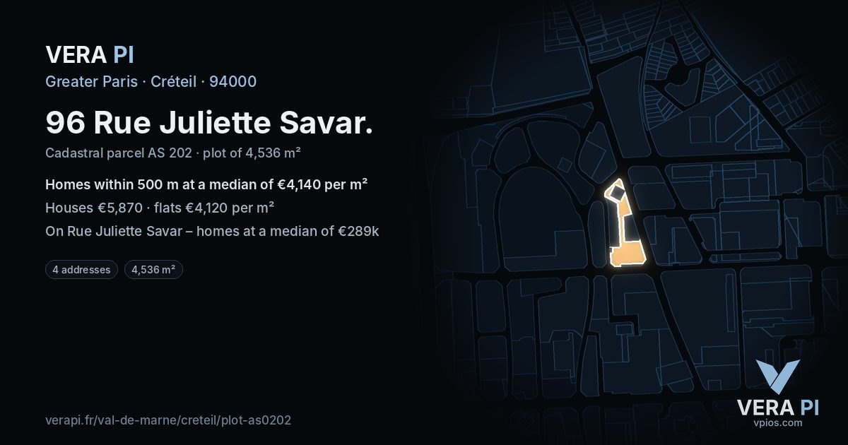 96 Rue Juliette Savar, Créteil at night – the plot lit, the parcels around coloured by the prices near them