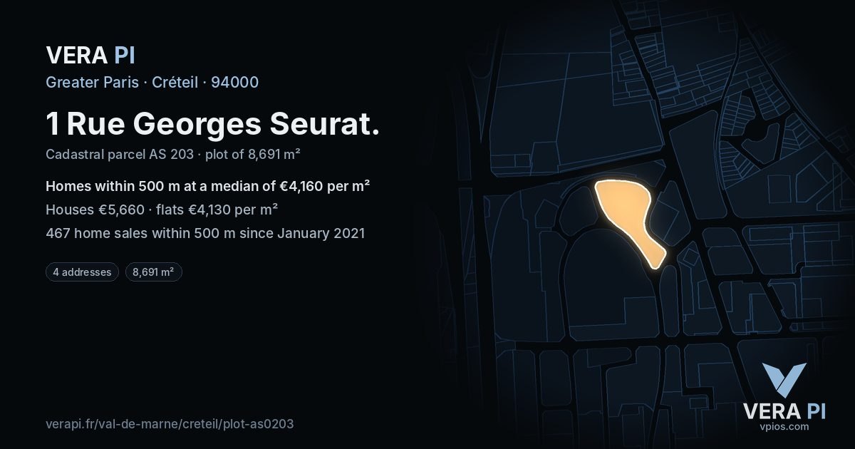 1 Rue Georges Seurat, Créteil at night – the plot lit, the parcels around coloured by the prices near them