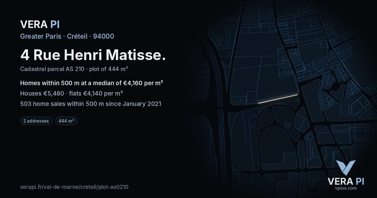 4 Rue Henri Matisse, Créteil at night – the plot lit, the parcels around coloured by the prices near them
