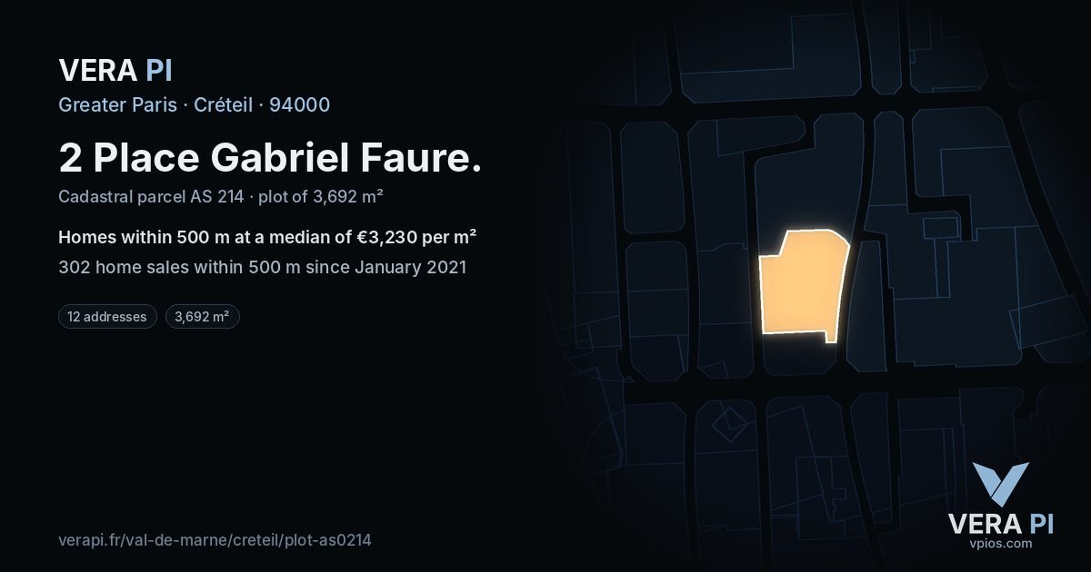 2 Place Gabriel Faure, Créteil at night – the plot lit, the parcels around coloured by the prices near them