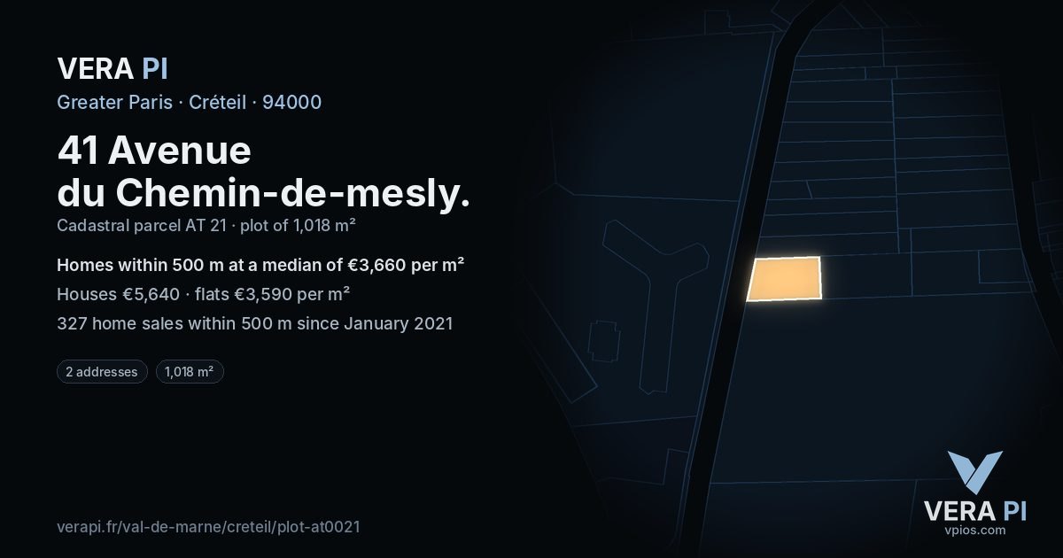 41 Avenue du Chemin-de-mesly, Créteil at night – the plot lit, the parcels around coloured by the prices near them
