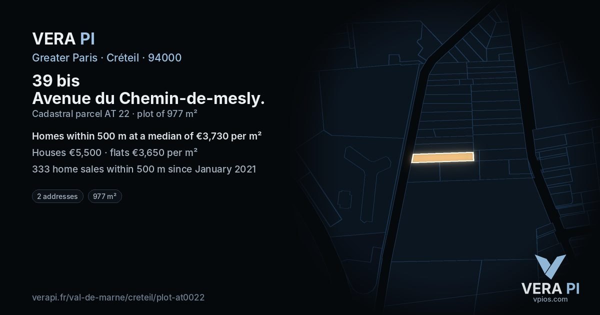 39 bis Avenue du Chemin-de-mesly, Créteil at night – the plot lit, the parcels around coloured by the prices near them