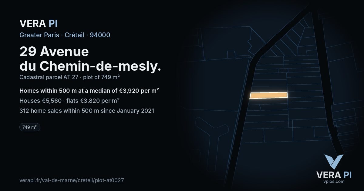 29 Avenue du Chemin-de-mesly, Créteil at night – the plot lit, the parcels around coloured by the prices near them