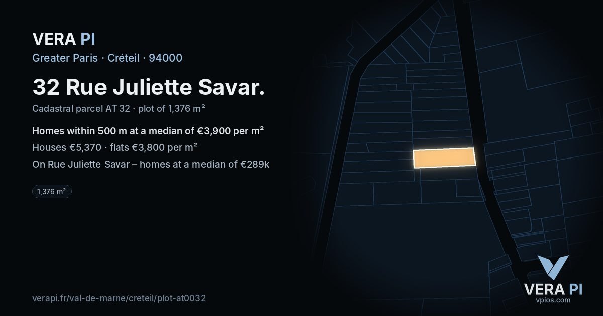 32 Rue Juliette Savar, Créteil at night – the plot lit, the parcels around coloured by the prices near them