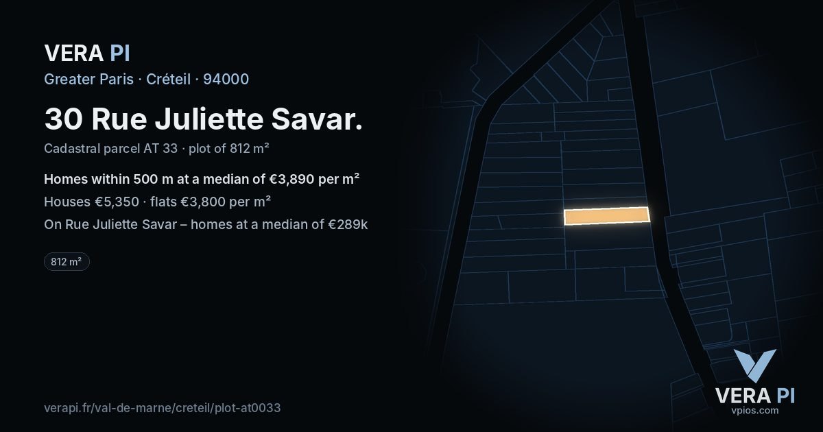 30 Rue Juliette Savar, Créteil at night – the plot lit, the parcels around coloured by the prices near them