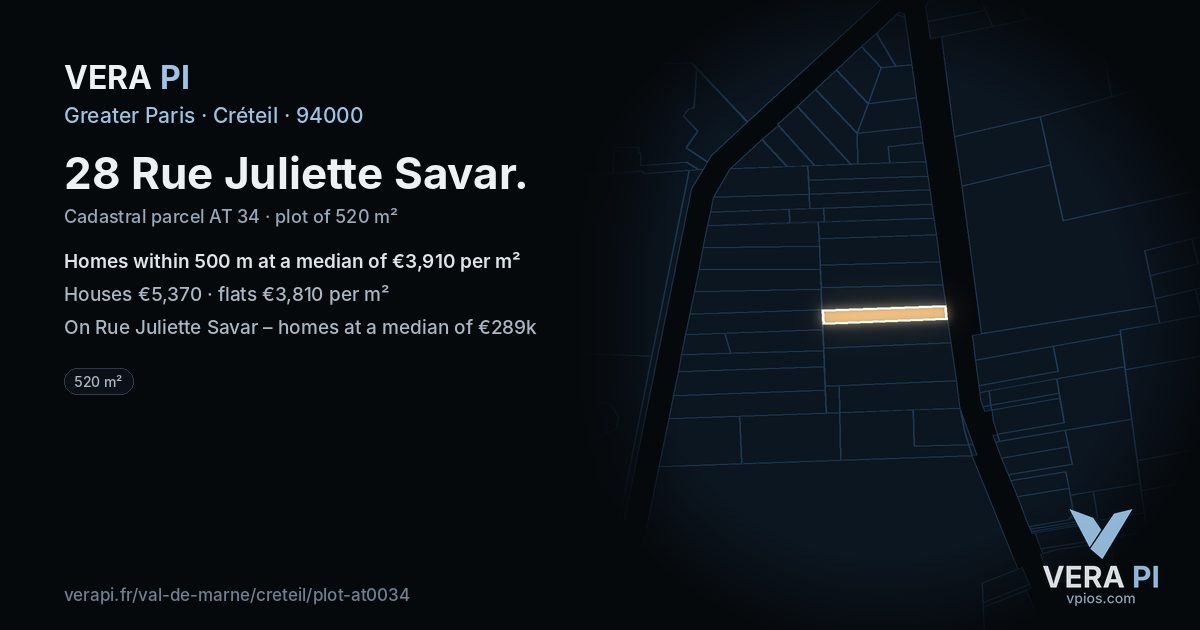 28 Rue Juliette Savar, Créteil at night – the plot lit, the parcels around coloured by the prices near them