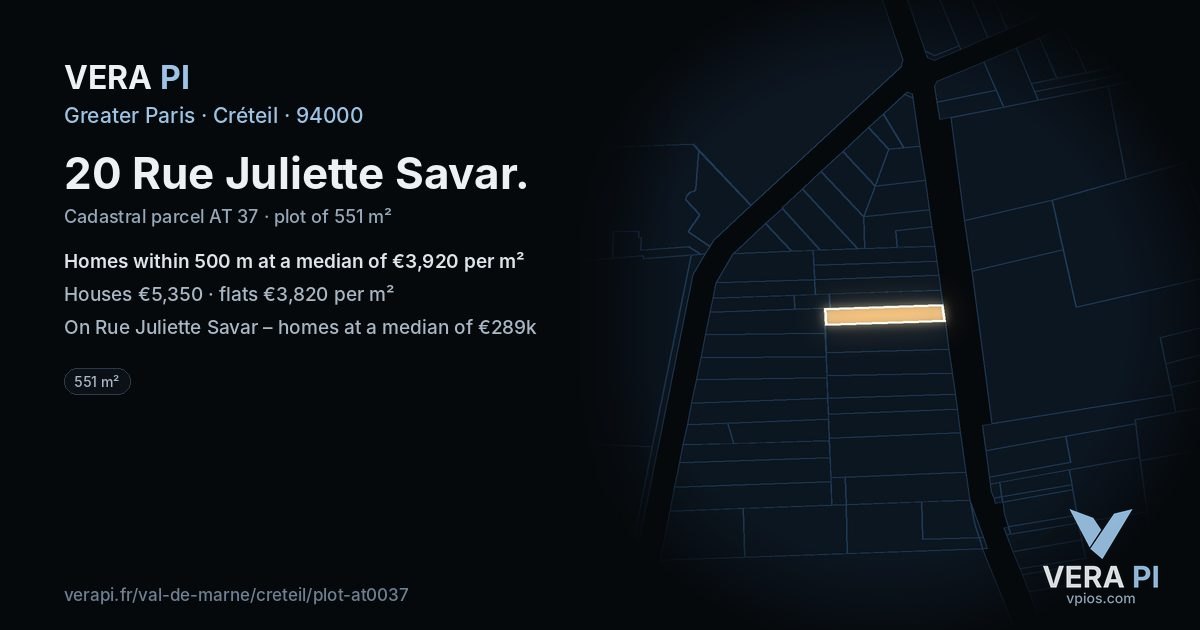 20 Rue Juliette Savar, Créteil at night – the plot lit, the parcels around coloured by the prices near them