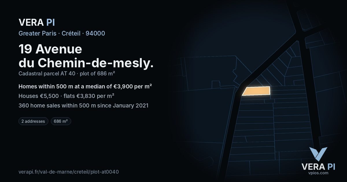 19 Avenue du Chemin-de-mesly, Créteil at night – the plot lit, the parcels around coloured by the prices near them