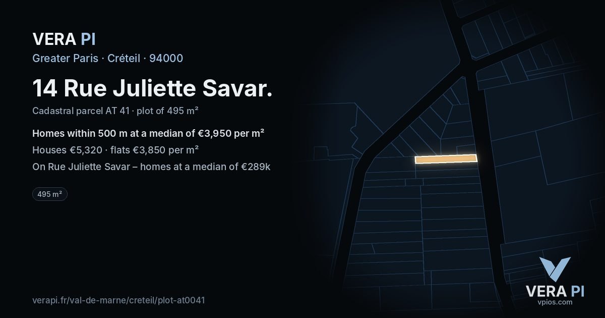 14 Rue Juliette Savar, Créteil at night – the plot lit, the parcels around coloured by the prices near them