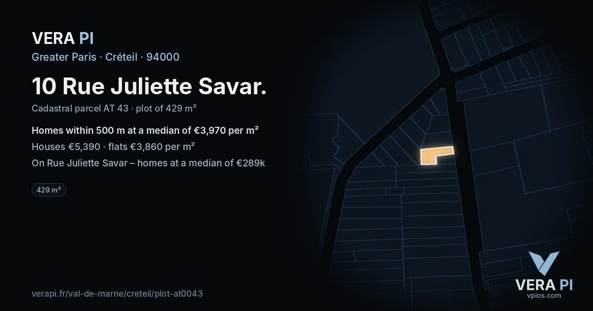 10 Rue Juliette Savar, Créteil at night – the plot lit, the parcels around coloured by the prices near them